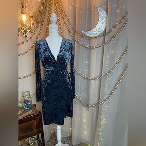True Destiny Blue Crushed Velvet Long Sleeve Faux Wrap Dress
